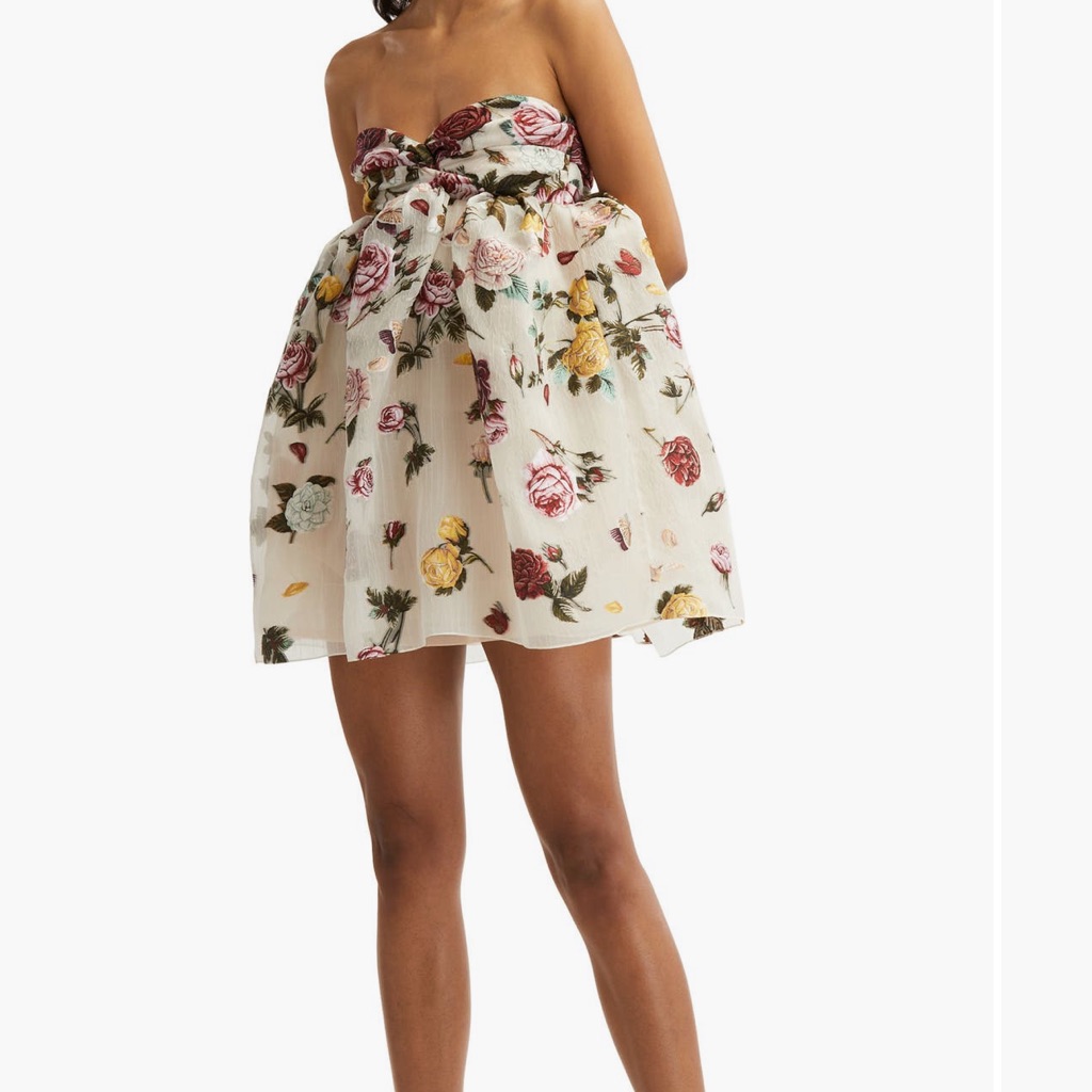 Oscar De La Renta Rose Pattern Strapless Silk Blend Dress